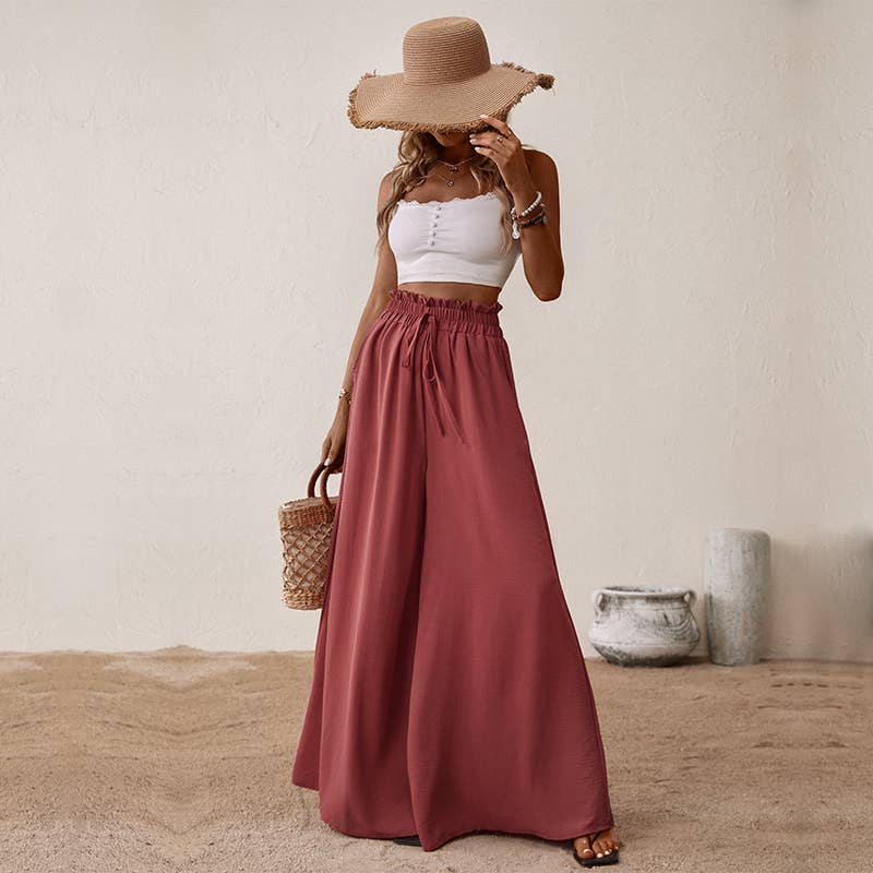 Smocked paperbag wide leg pants