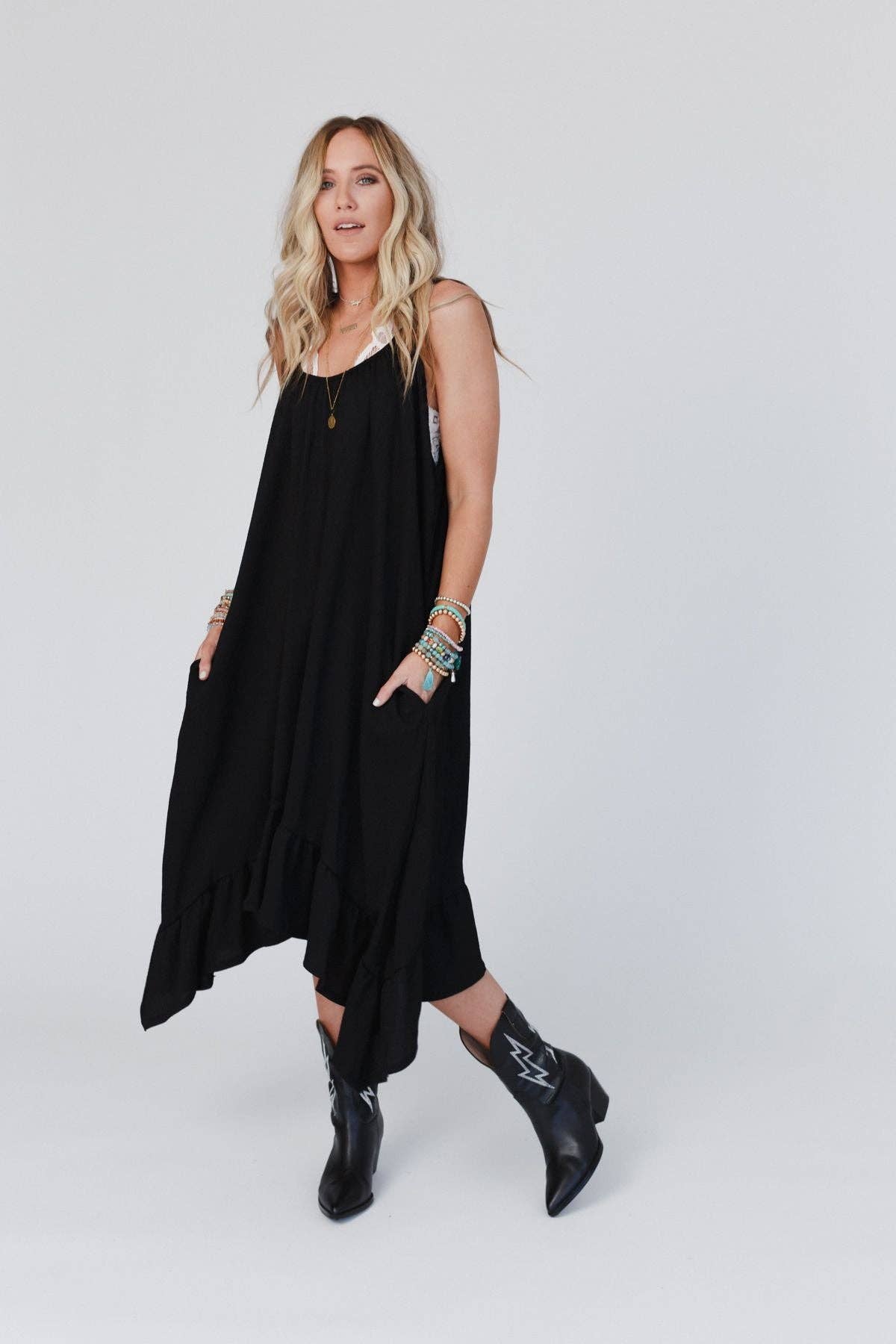 Three Bird Nest - Ellie Ruffle Midi Dress - Black:
