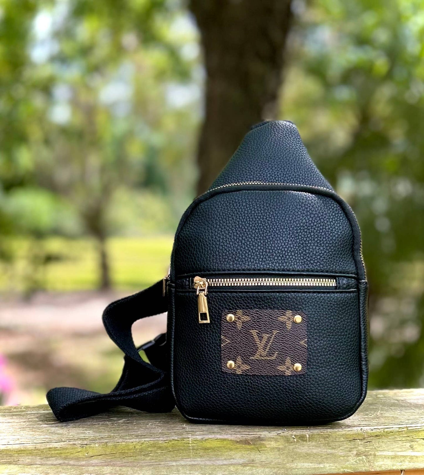 Southern Junkie Gypsy Boutique - Upcycled Black Vegan Leather Sling Bag Handbag Bum Bag