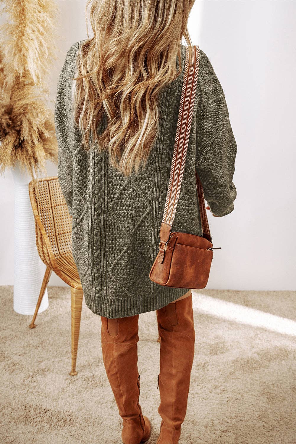 Lovesoft - Parchment Cable Knit Drop Shoulder Loose Fit Sweater Dress