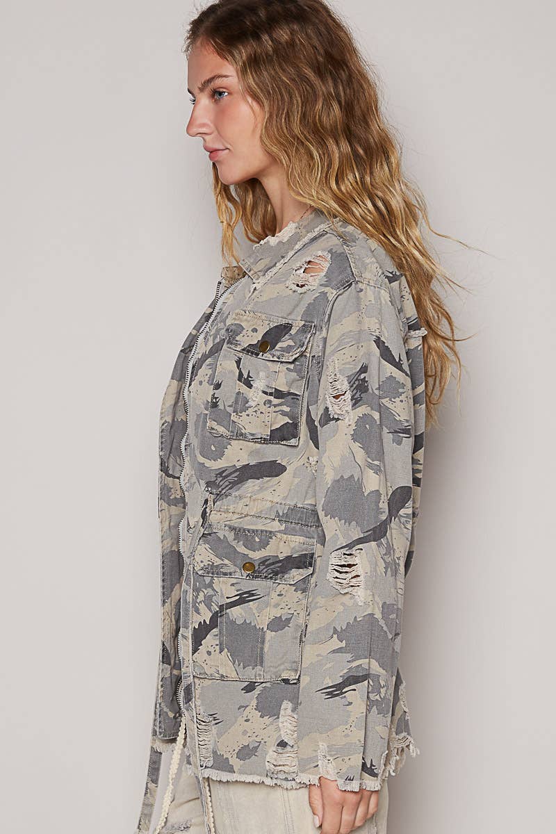 Zipper camo print jacket with pockets