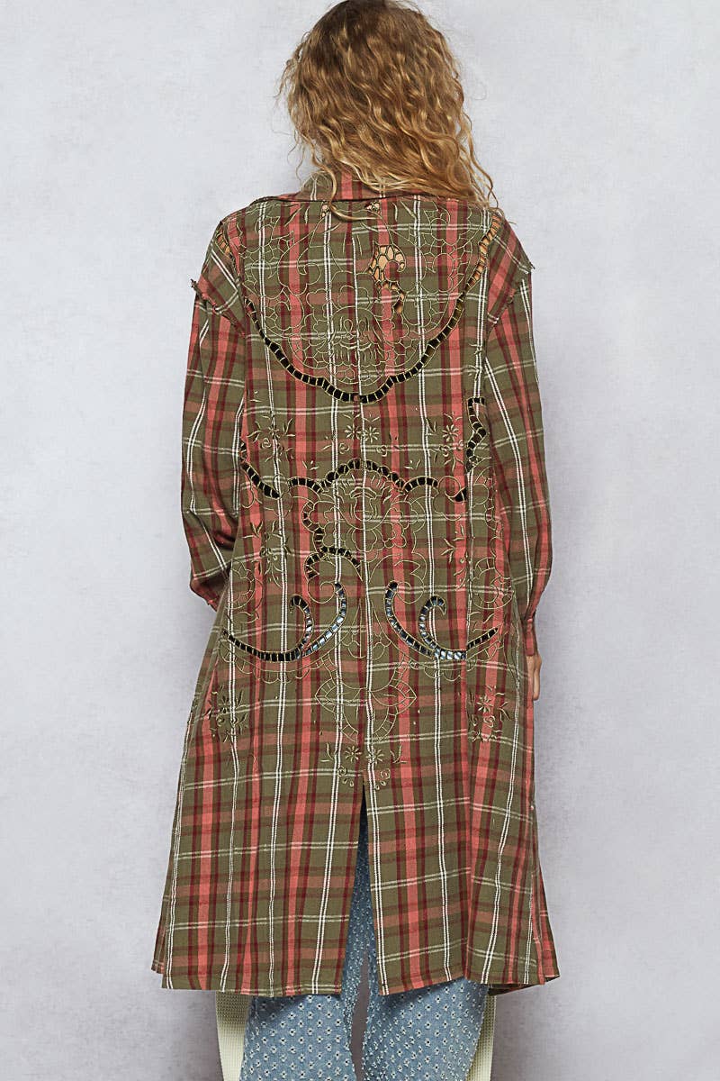 Pol Clothing - Lapel collar contrast stitch details plaid long jacket