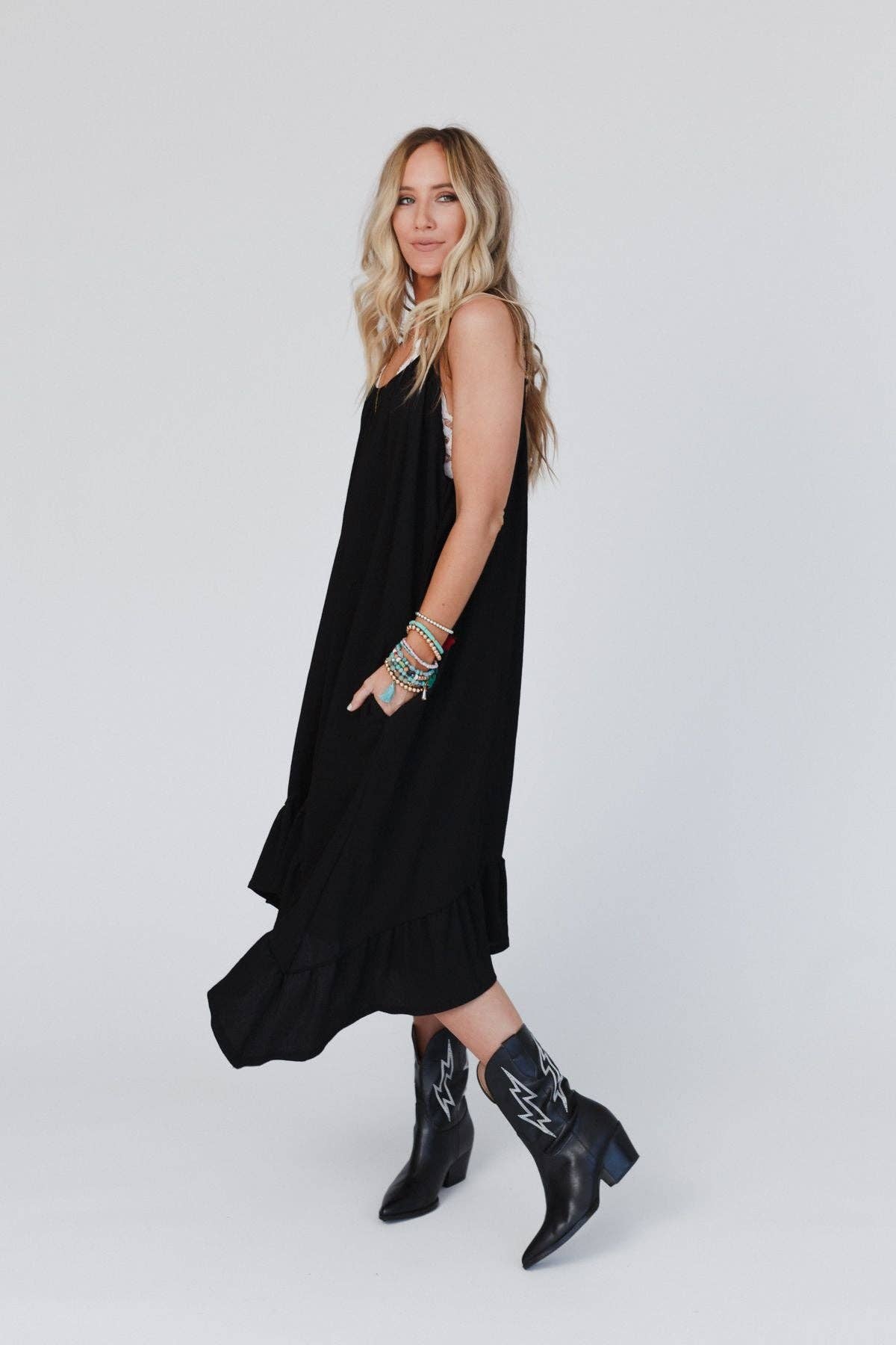 Three Bird Nest - Ellie Ruffle Midi Dress - Black:
