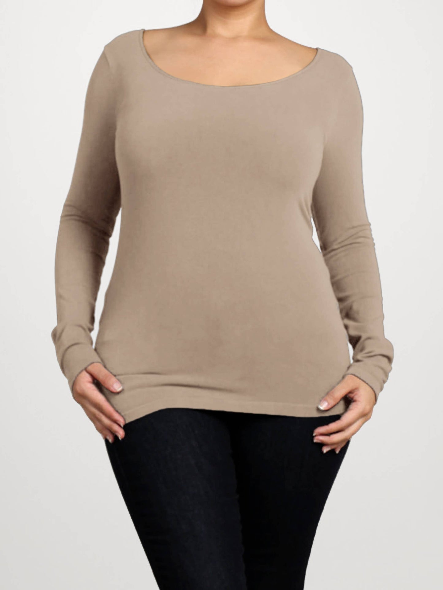 M.Rena - Long-Sleeve Round Neck Bodycon Top (Plus Size)