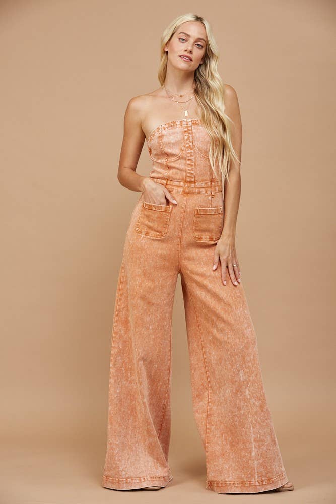 WISTERIA LANE - BOHO MINERAL WASH WIDE LEG DENIM JUMPSUIT