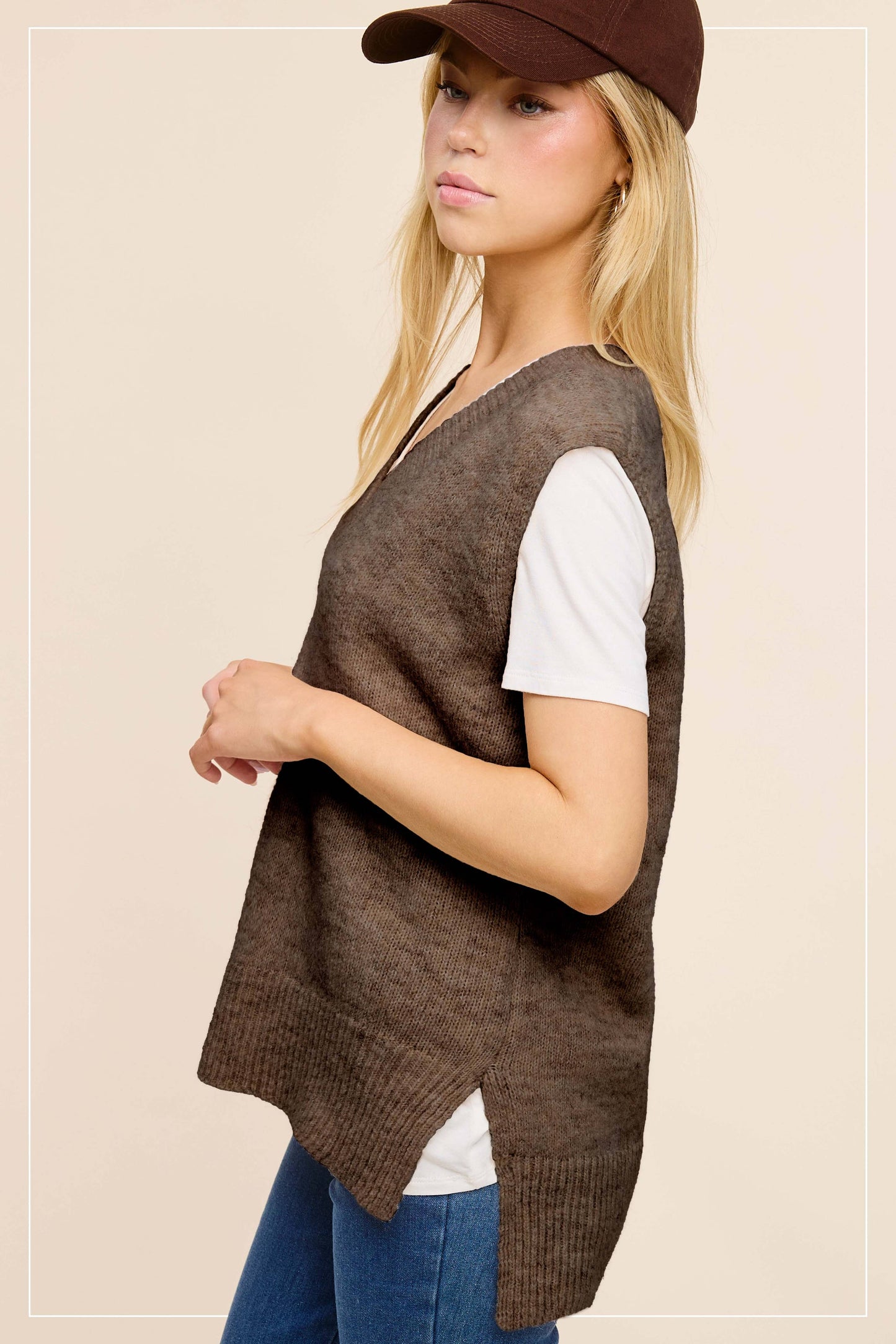 La Miel - MCS3589-Oversized Soft Knit Sweater Vest with Side Slit