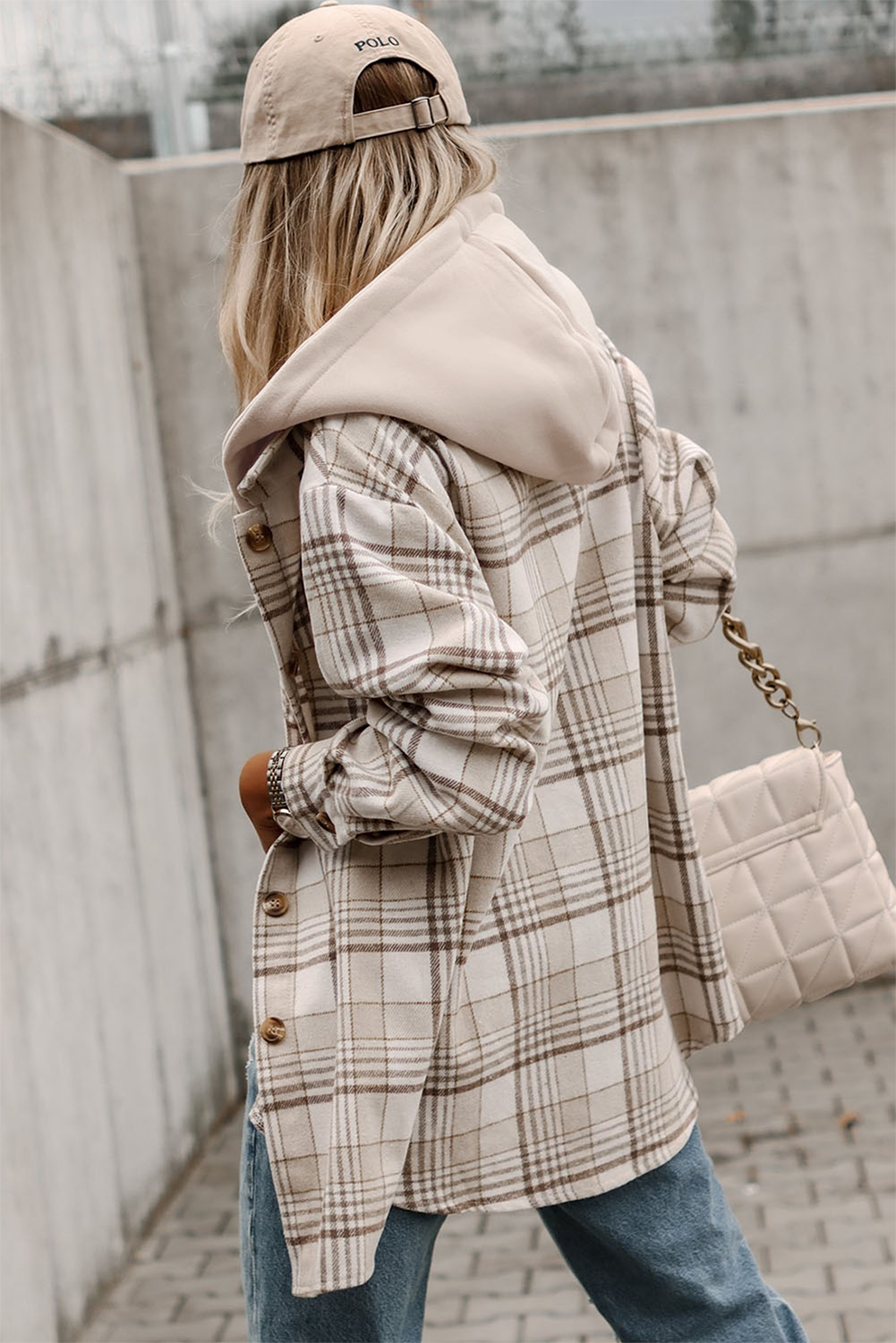 Lovesoft - Khaki Plaid Shirt emovable Hood Buttoned Shacket