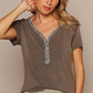 Lace trim Top- V-neck short sleeve button placket lace trim basic knit top: