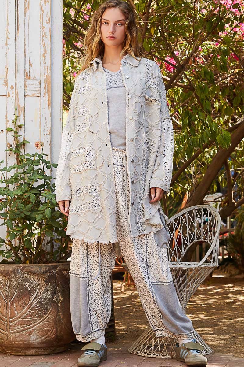 Pol Clothing - Oversize balloon long sleeve crochet print patch shacket