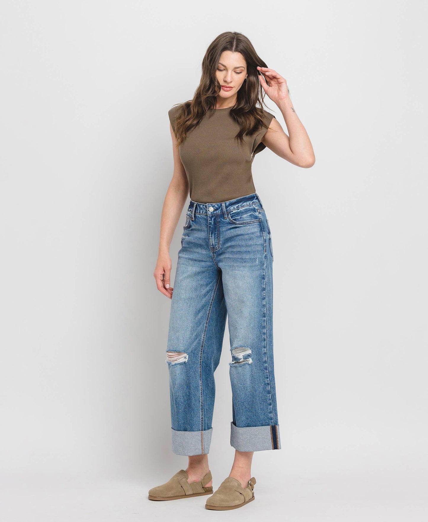 Lovervet by VERVET - SUPER HIGH RISE DOUBLE CUFFED BAGGY WIDE JEANS LV1459