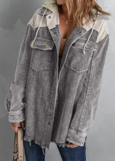 Lovesoft - Patchwork Hooded Corduroy Shacket Coat
