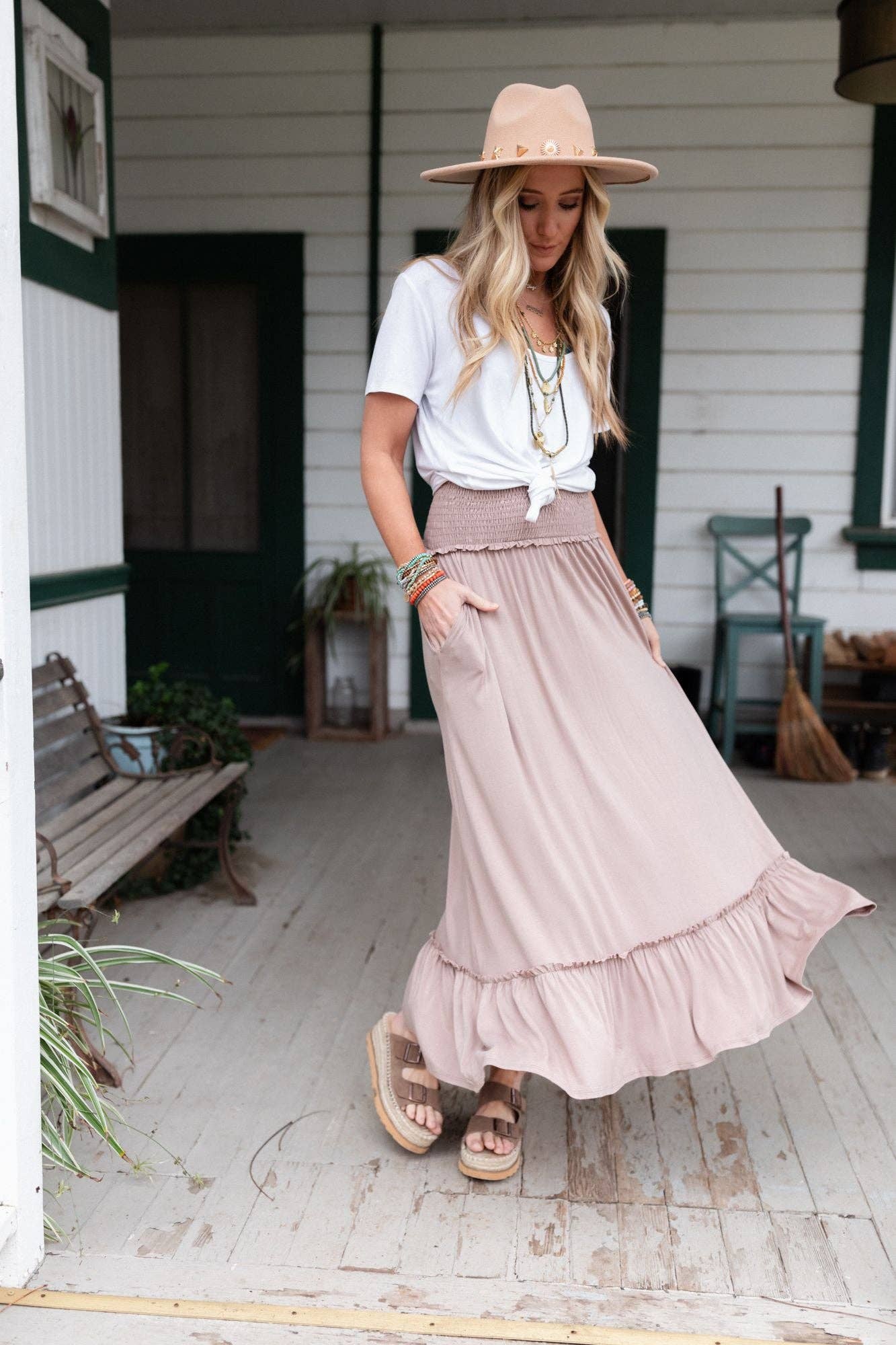 Three Bird Nest - Rustic Romance Smocked Maxi Skirt - Dark Mocha: