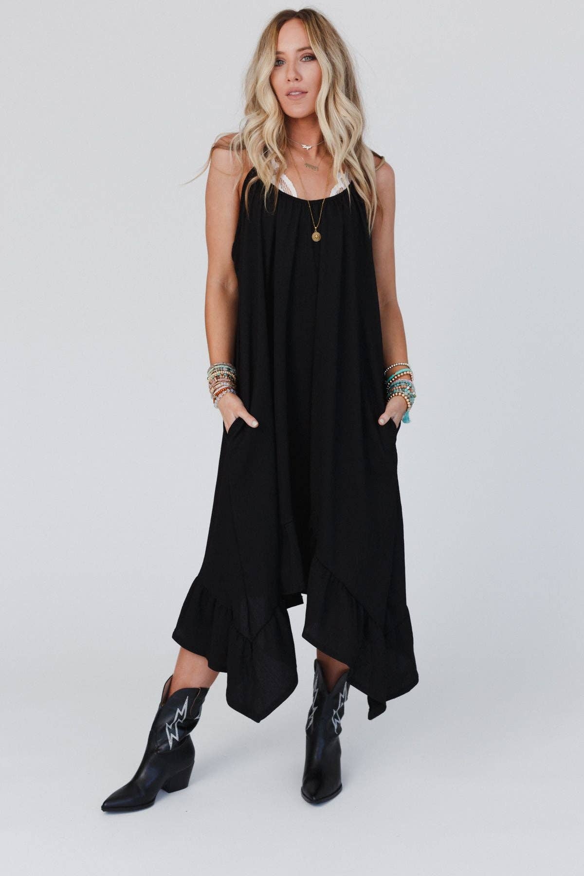 Three Bird Nest - Ellie Ruffle Midi Dress - Black:
