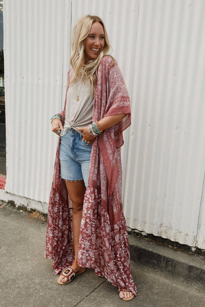 Three Bird Nest - Paisley Tapestry Free Flow Duster Kimono - Wine
