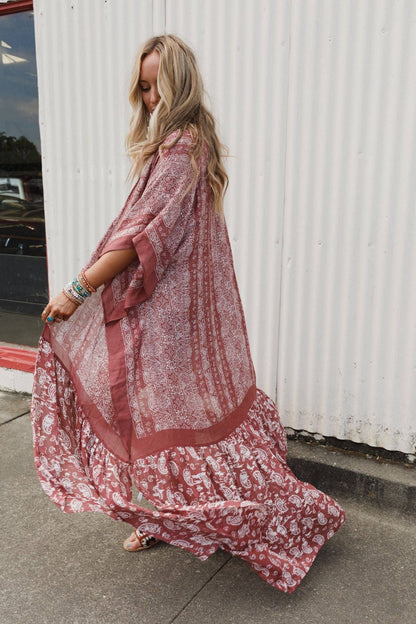 Three Bird Nest - Paisley Tapestry Free Flow Duster Kimono - Wine