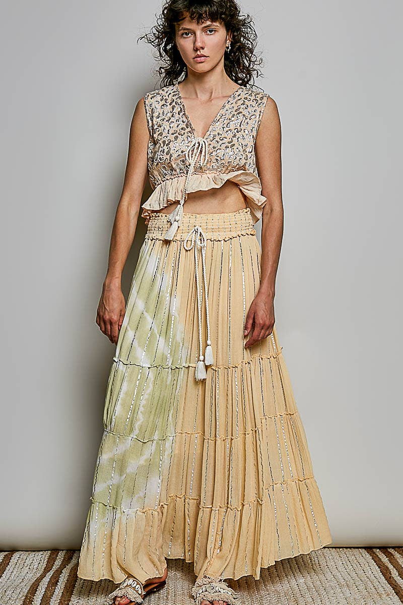 Pol Clothing - Smocked Waist Tassel Tie Tiered Maxi Skirt