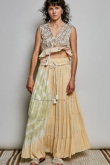 Pol Clothing - Smocked Waist Tassel Tie Tiered Maxi Skirt