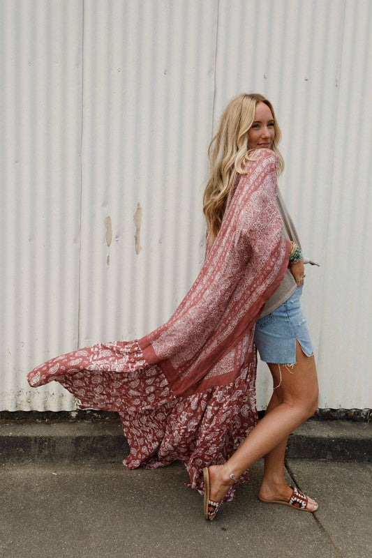 Three Bird Nest - Paisley Tapestry Free Flow Duster Kimono - Wine