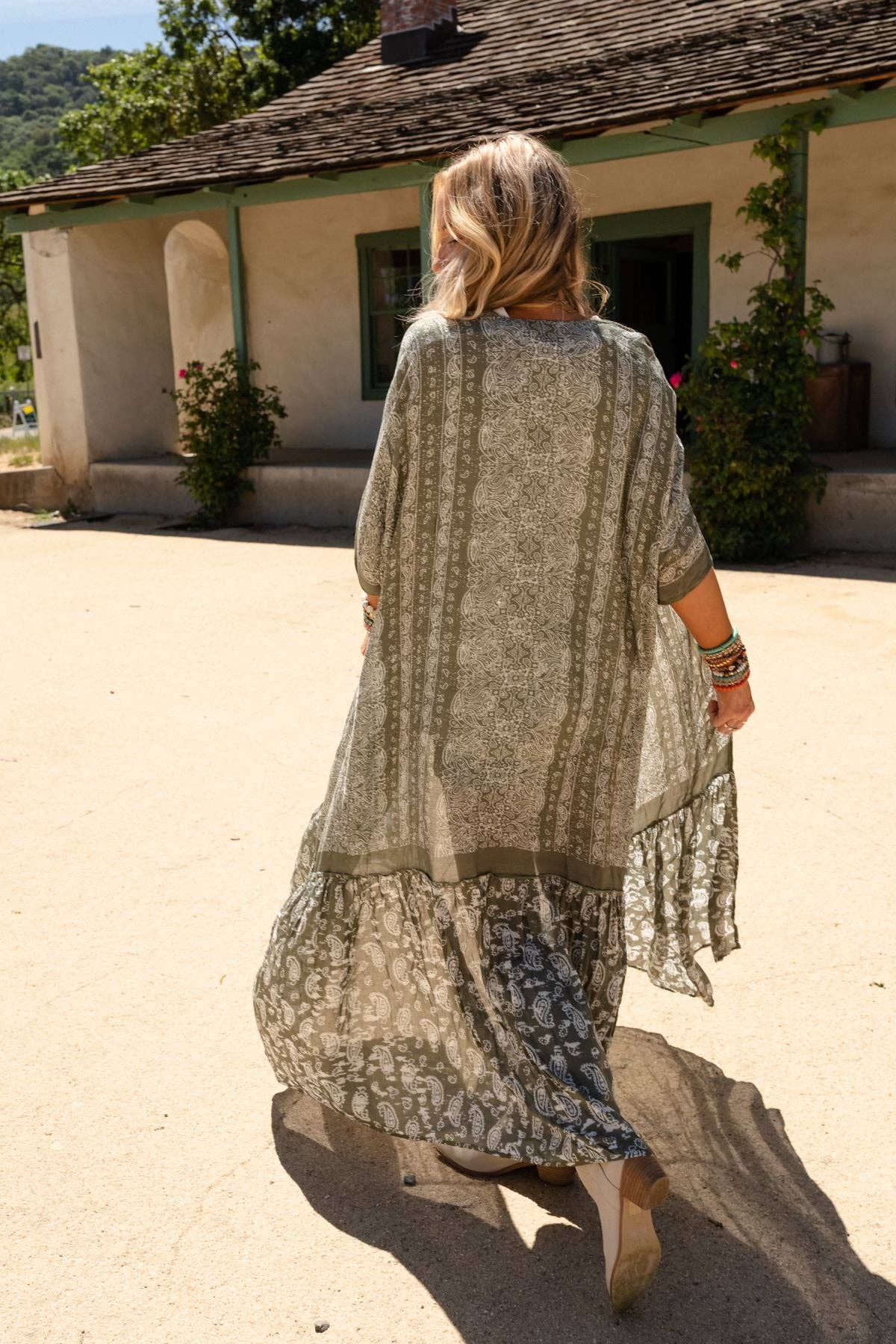 Three Bird Nest - Paisley Tapestry Free Flow Duster Kimono - Olive: OS