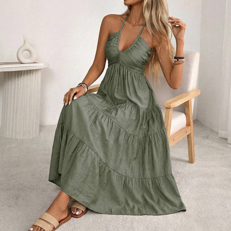 Lovesoft - Women’s Halter V Neck Tiered Maxi Dress Backless