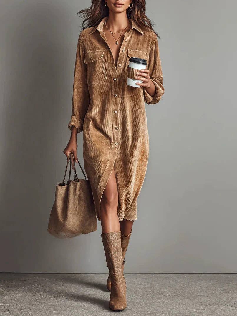 EmberLoom - Women Corduroy Long Sleeve Shirt Dress
