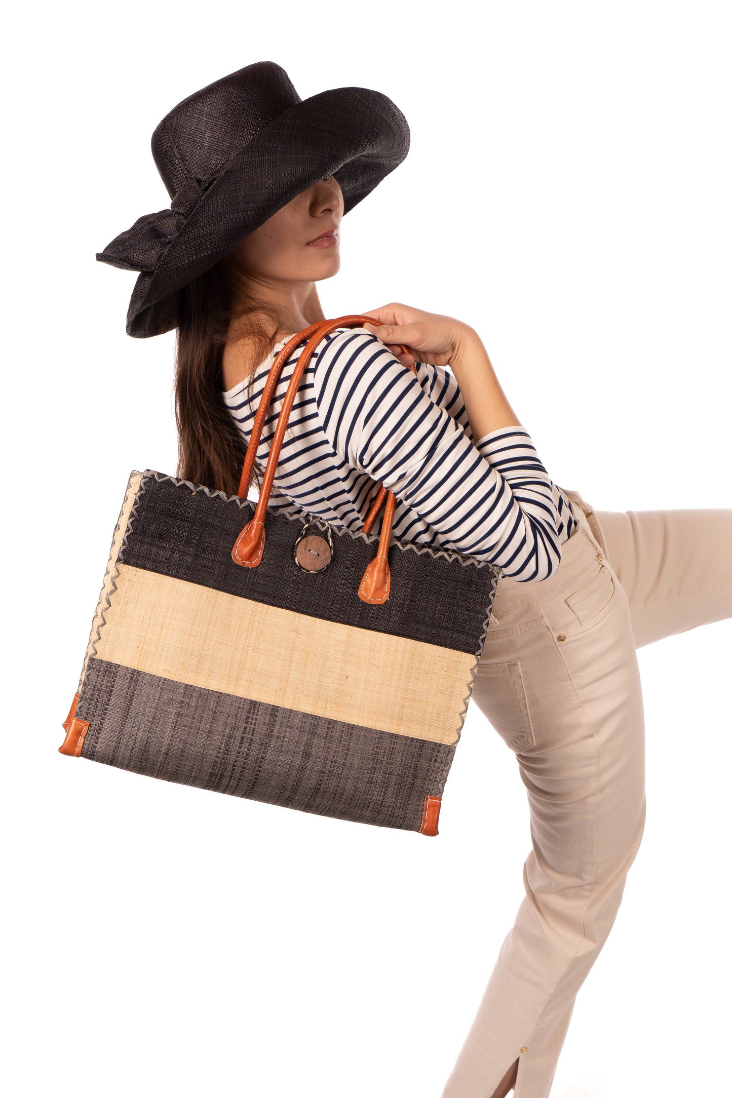 Shebobo - Zafran 3 Tone Color Block Raffia Straw Beach Bag
