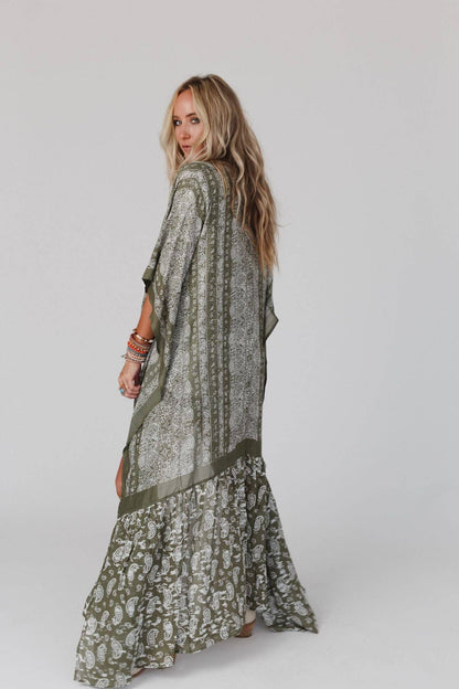 Three Bird Nest - Paisley Tapestry Free Flow Duster Kimono - Olive: OS