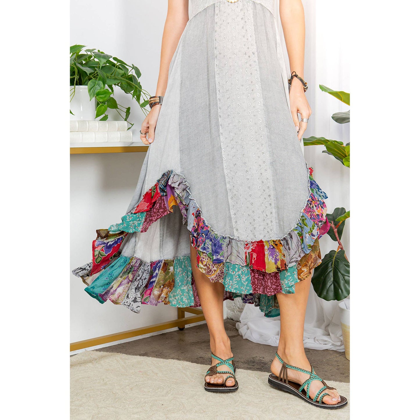 Young Threads - Sun-Kissed Patchwork: Smocked Bliss Boho Mid-Length Dress 