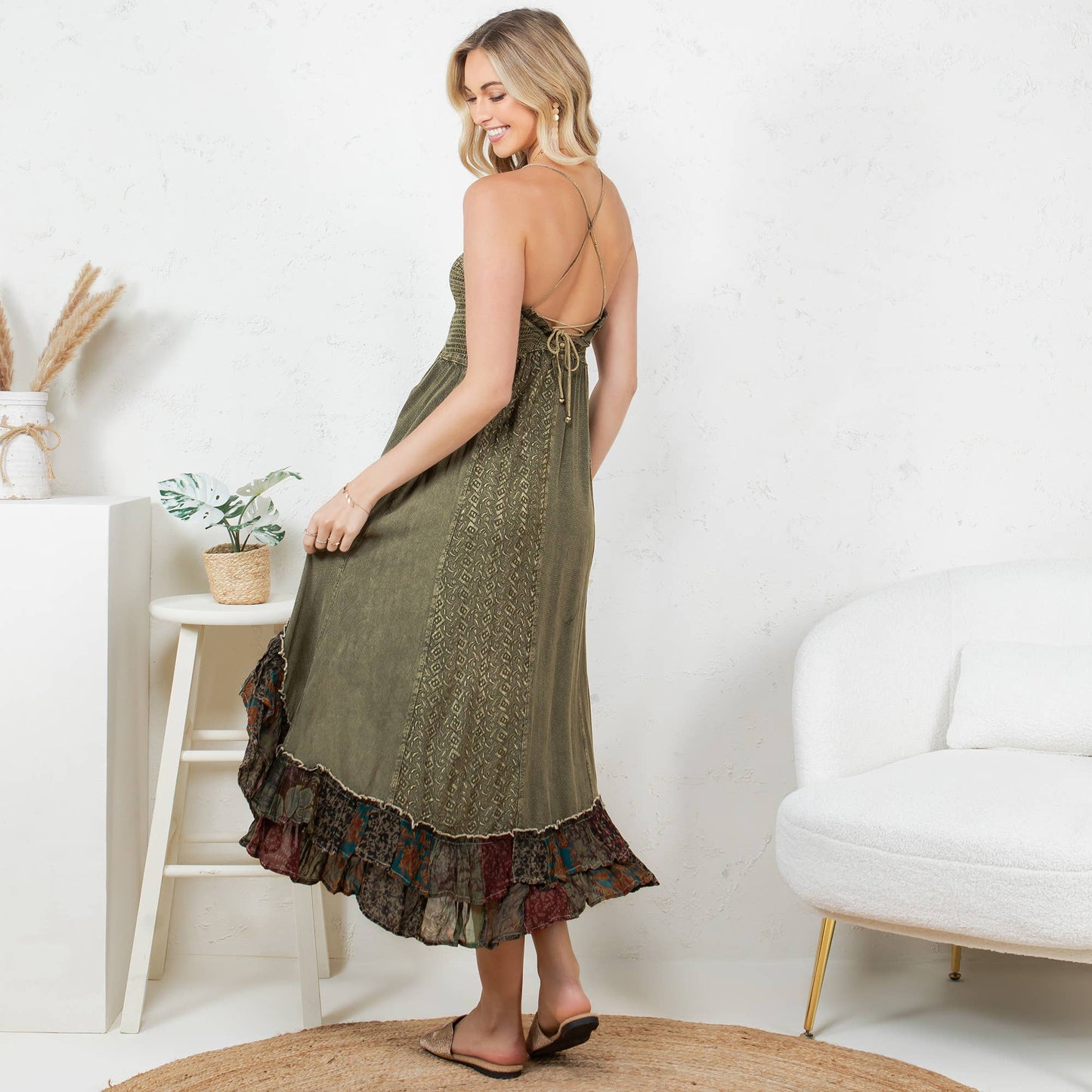 Young Threads - Sun-Kissed Patchwork: Smocked Bliss Boho Mid-Length Dress 