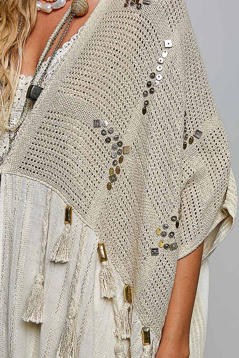 Pol Clothing - Boho Crochet Contrast Sequin Tassel Midi Kimono Fit Cardigan