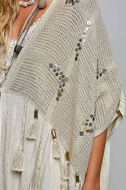 Pol Clothing - Boho Crochet Contrast Sequin Tassel Midi Kimono Fit Cardigan