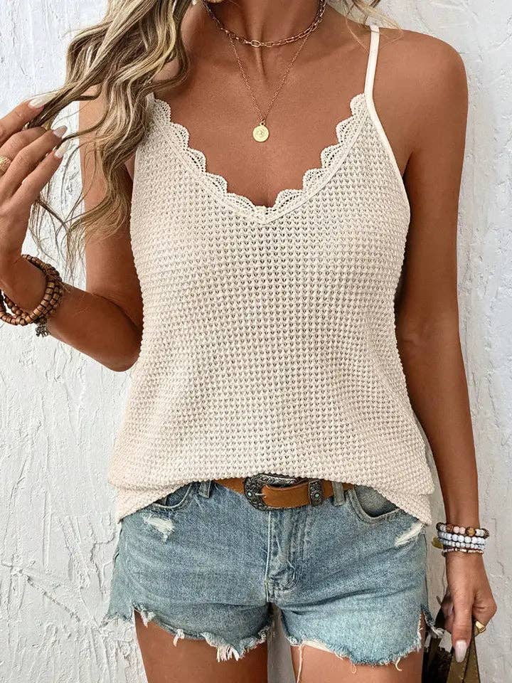 Lovesoft - Women Knit Camisole Scallop Trim V Neck Tank Top