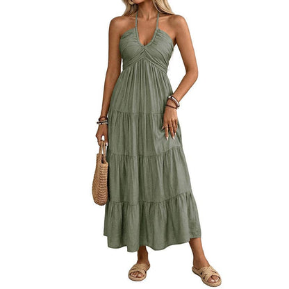 Lovesoft - Women’s Halter V Neck Tiered Maxi Dress Backless