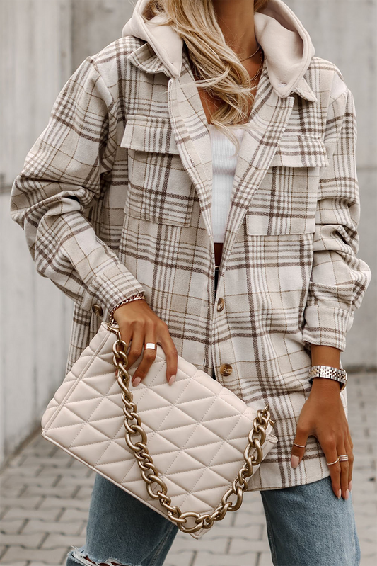 Lovesoft - Khaki Plaid Shirt emovable Hood Buttoned Shacket