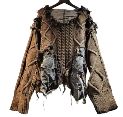 Luxe & Leather by Madonna & Co - Textured Sweater with Denim Trim-Shacket