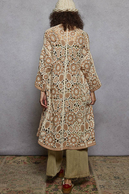 Pol Clothing - V-neck long sleeve crochet knit weave cardigan