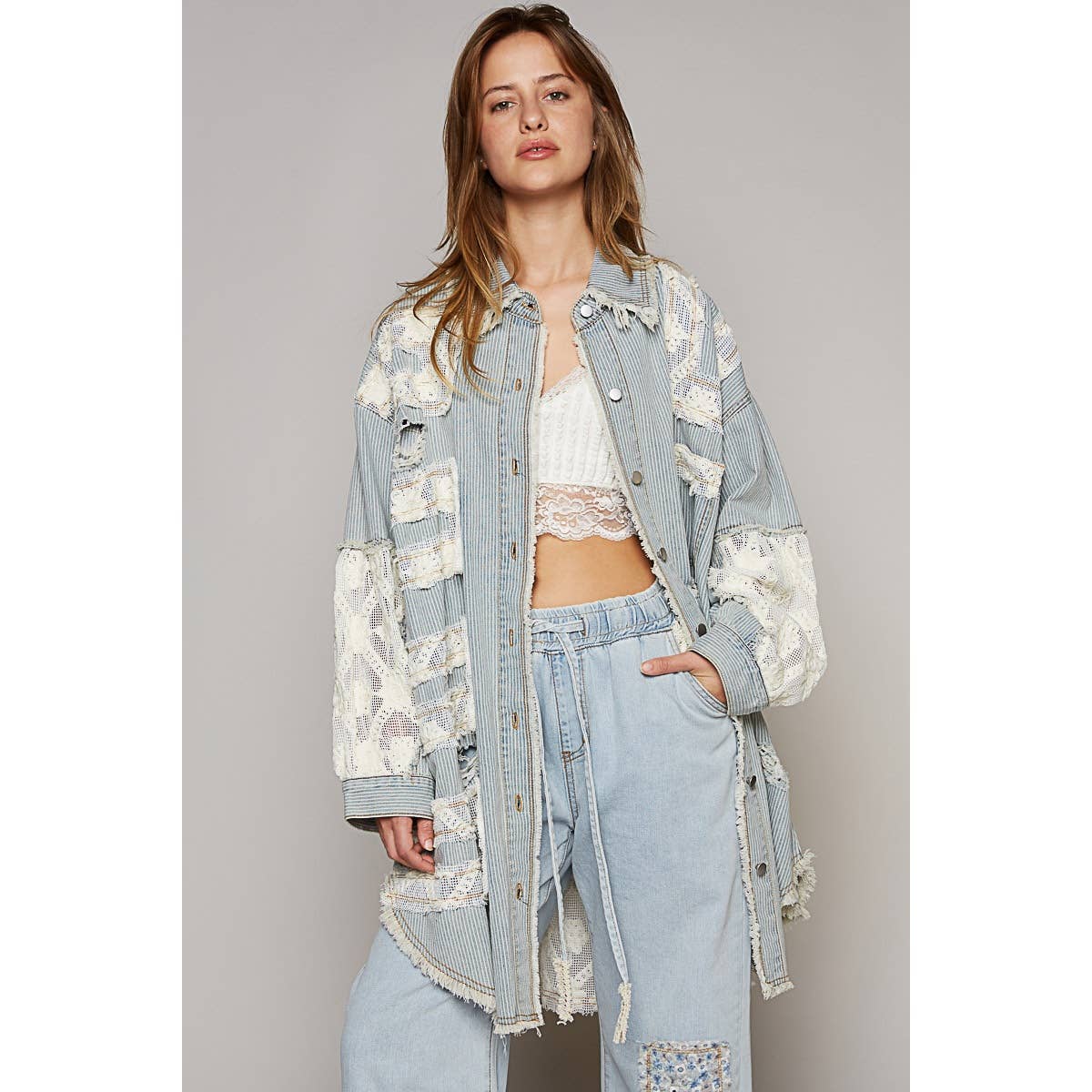 Pol Clothing - Oversize distressed crochet patch denim shacket
