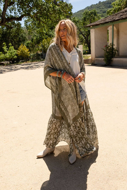 Three Bird Nest - Paisley Tapestry Free Flow Duster Kimono - Olive: OS