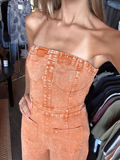 WISTERIA LANE - BOHO MINERAL WASH WIDE LEG DENIM JUMPSUIT