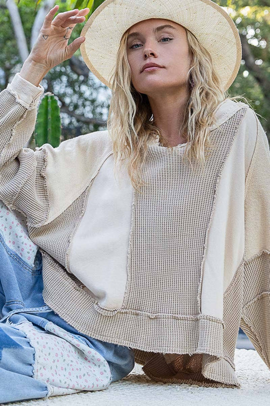 Notched neck contrast fabric basic long sleeve top SALE