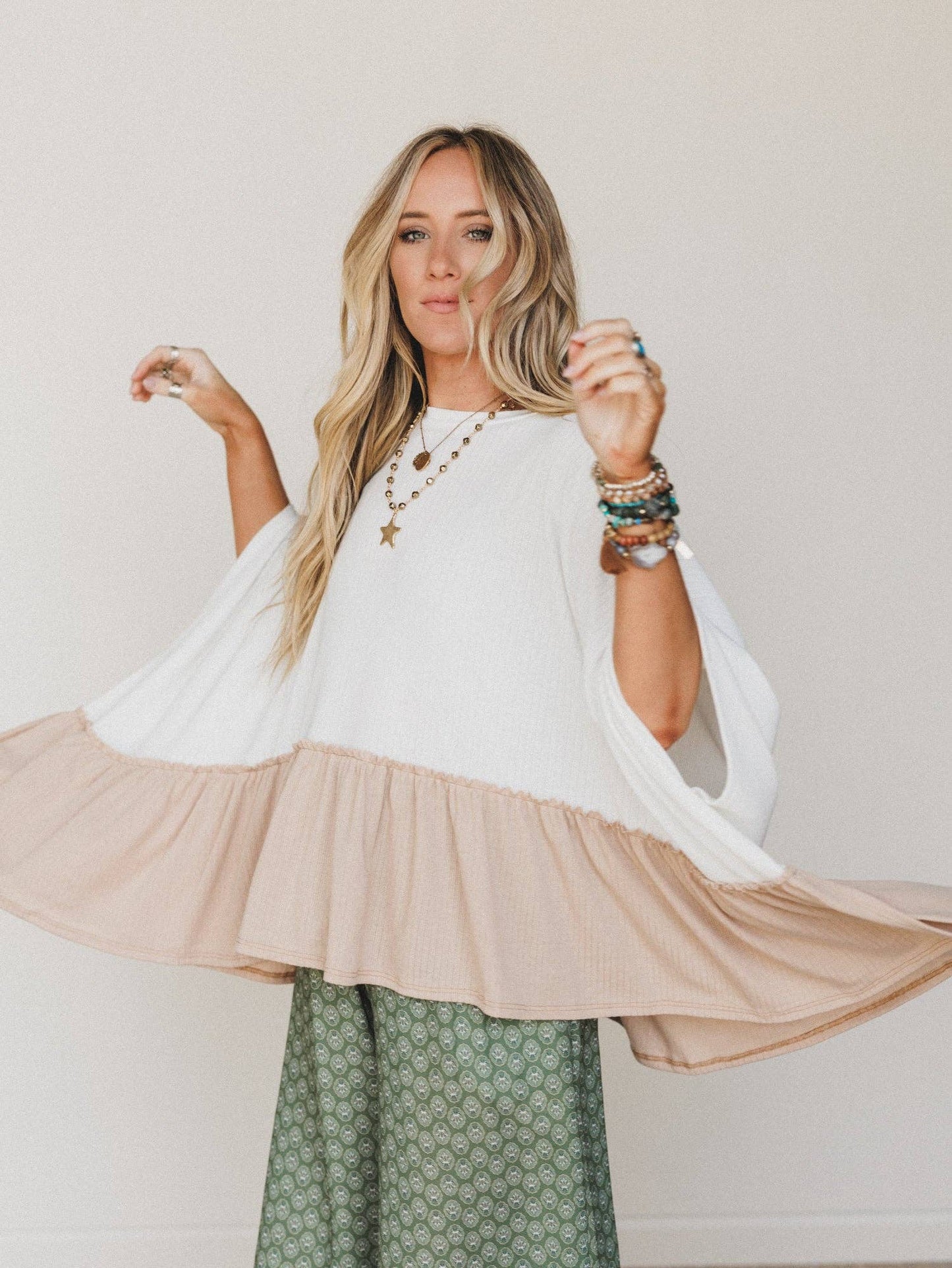 Three Bird Nest - Sally Ruffle Top - Off White Camel