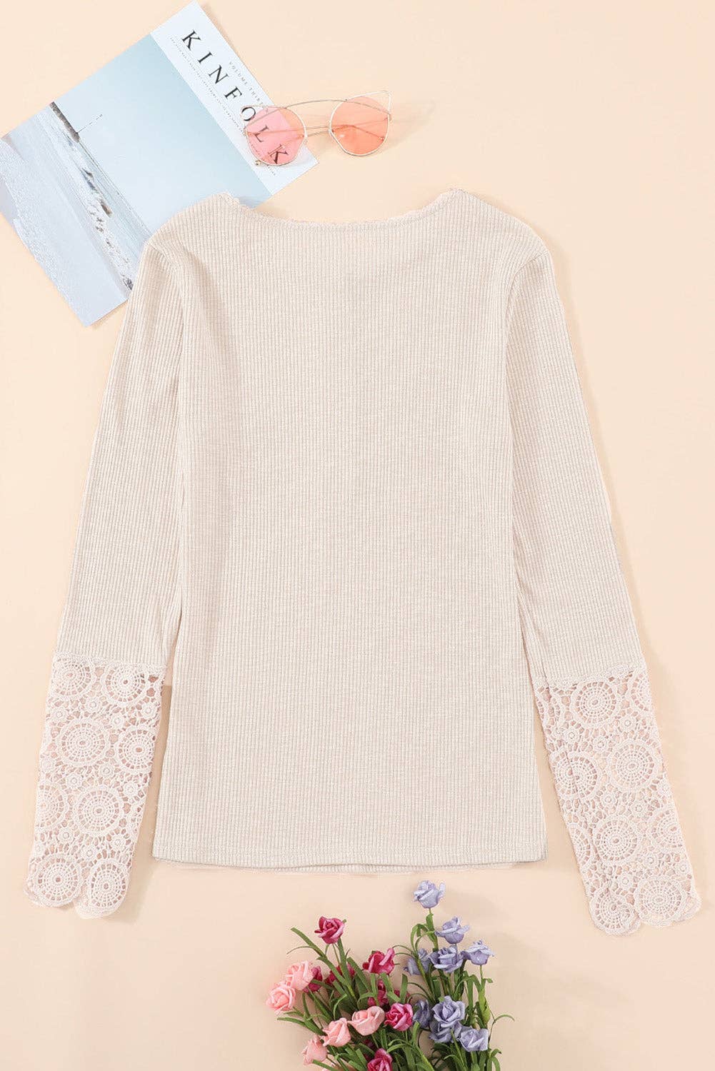 Lovesoft - Beige Crochet Lace Hem Sleeve Button Top