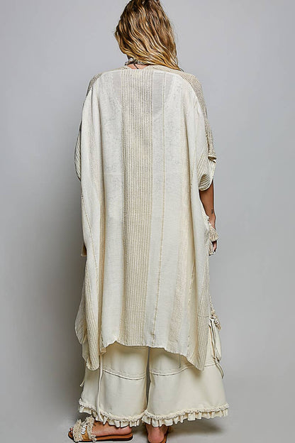Pol Clothing - Boho Crochet Contrast Sequin Tassel Midi Kimono Fit Cardigan