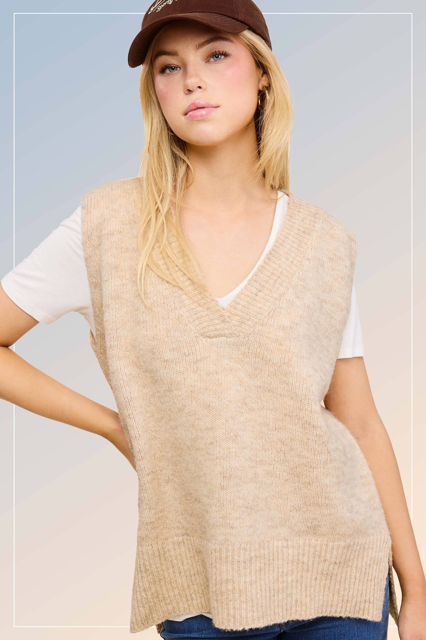 La Miel - MCS3589-Oversized Soft Knit Sweater Vest with Side Slit