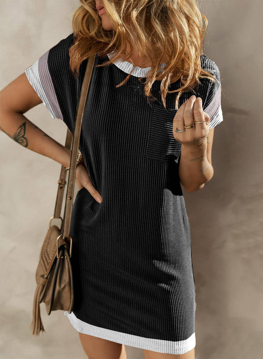 HIDDENBRAND - Ribbed Contrasting Pocket Shift Dress