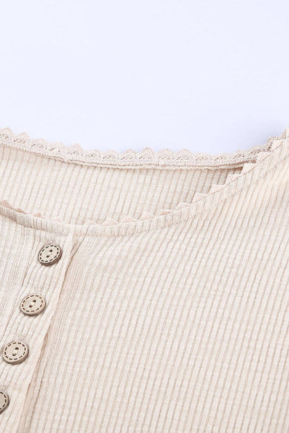 Lovesoft - Beige Crochet Lace Hem Sleeve Button Top