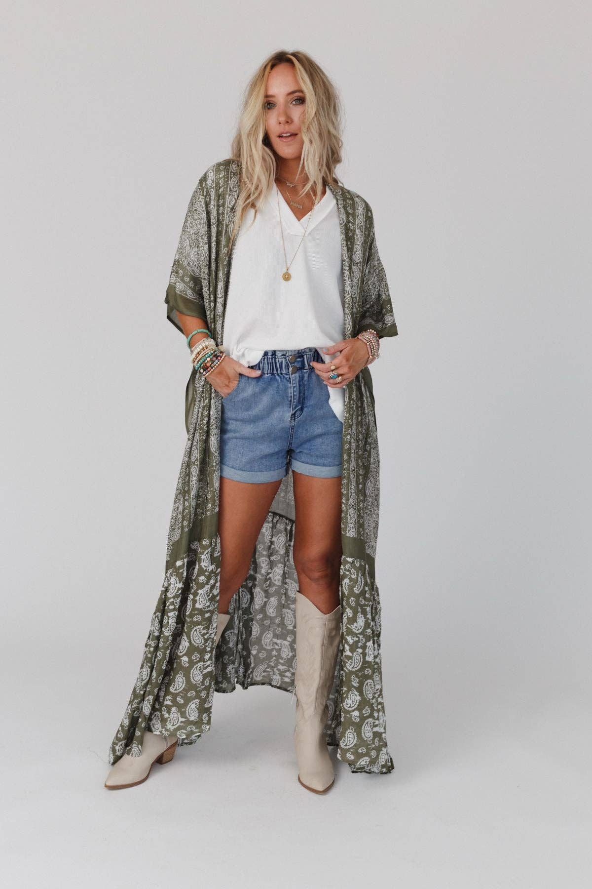 Three Bird Nest - Paisley Tapestry Free Flow Duster Kimono - Olive: OS