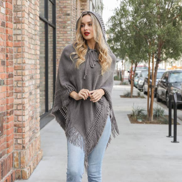 Lace Up Knit Poncho with Hood