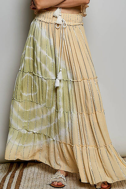 Pol Clothing - Smocked Waist Tassel Tie Tiered Maxi Skirt