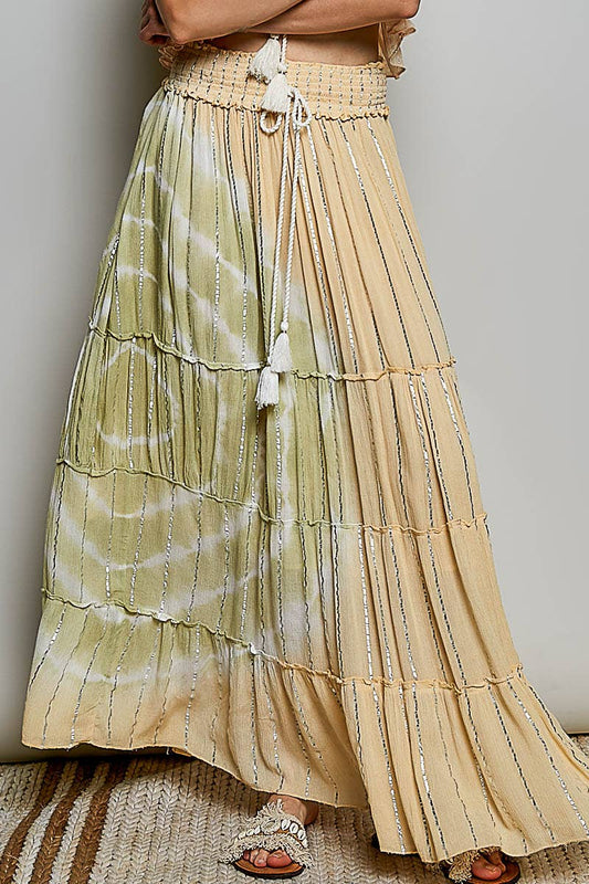 Pol Clothing - Smocked Waist Tassel Tie Tiered Maxi Skirt